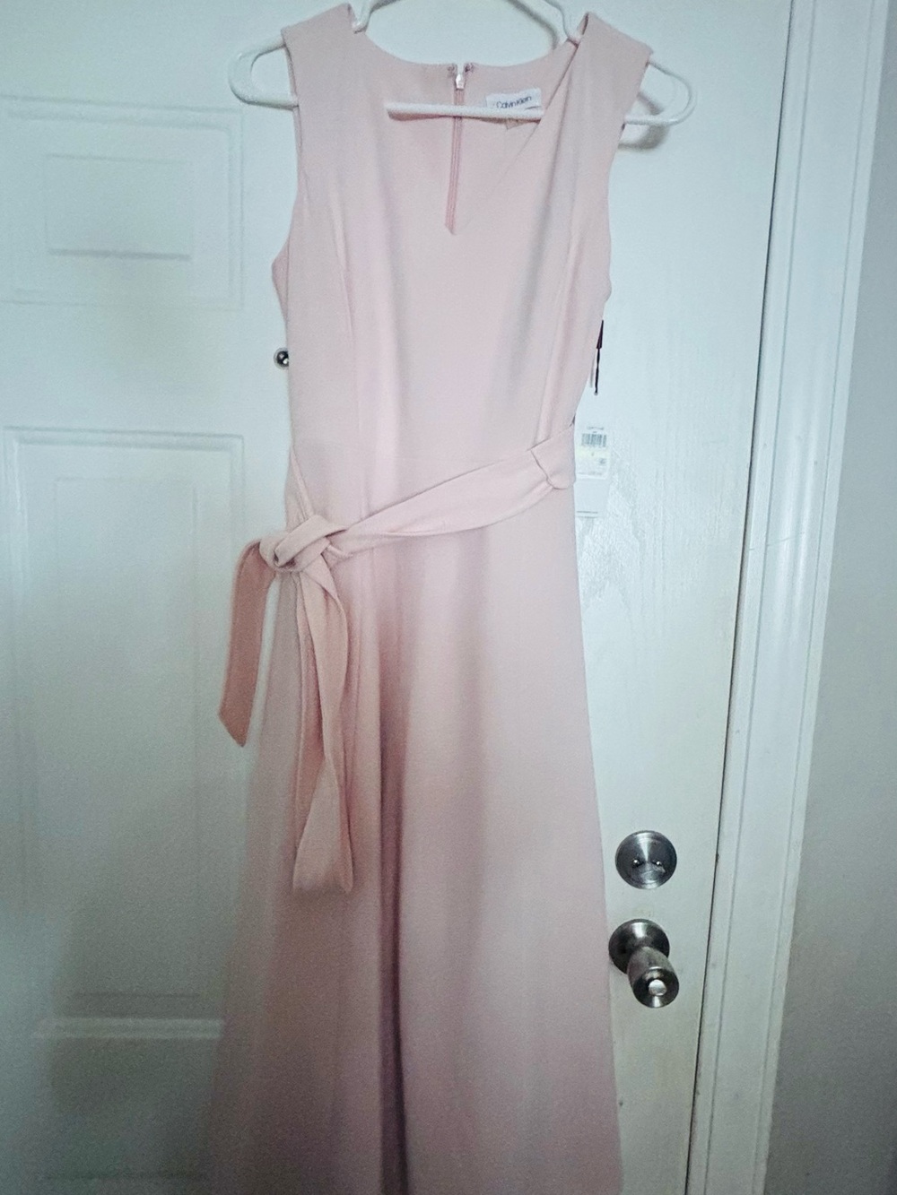 Calvin Klein Blush Pink Sleeveless V-Neck Midi Dress with Waist Tie